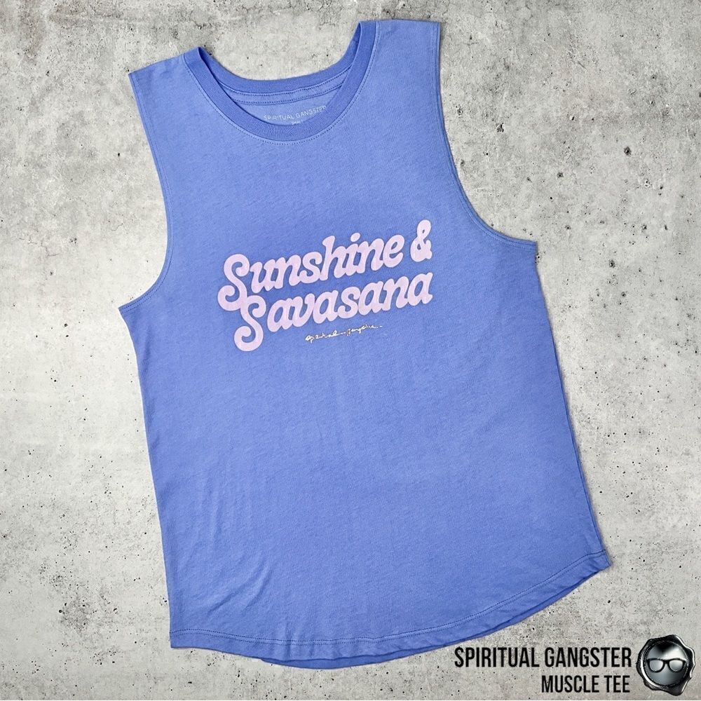 SPIRITUAL GANGSTER SUNSHINE & SAVASANA MUSCLE TEE IN PERIWINKLE BLUE WOMEN SMALL